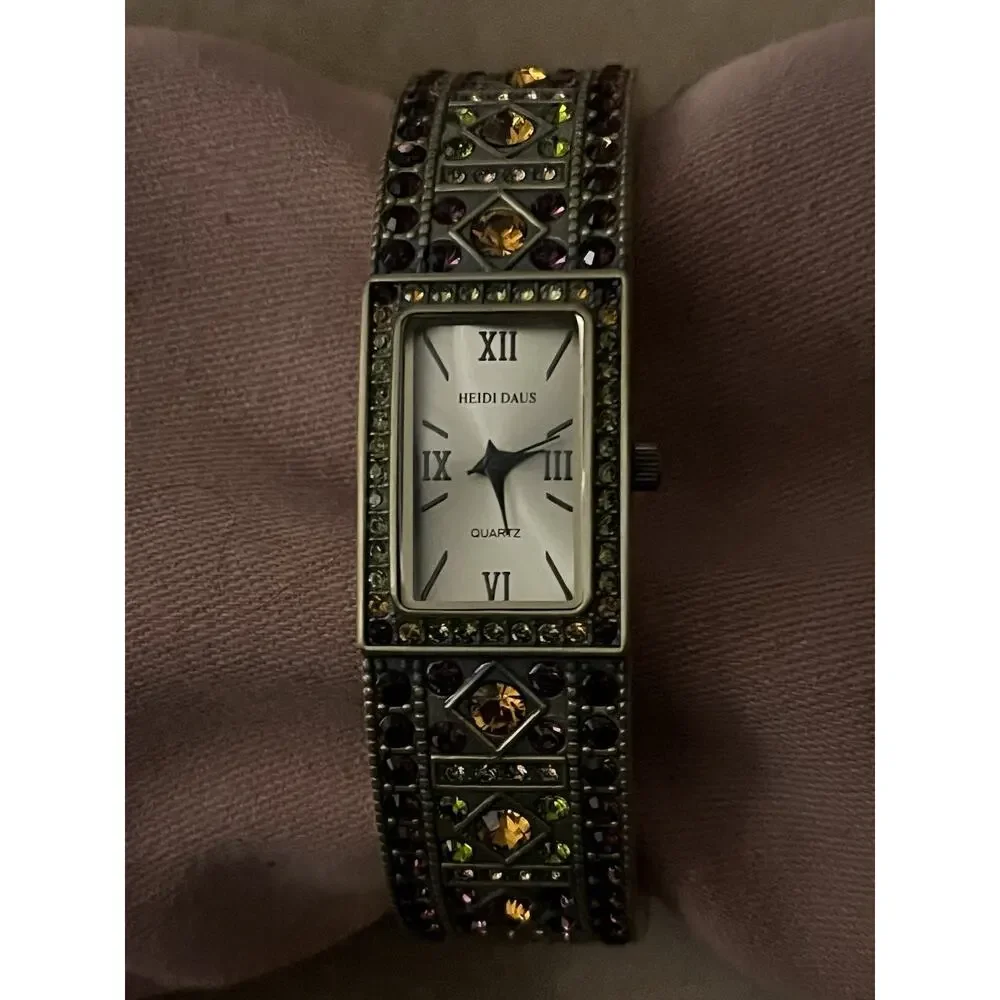 Heidi Daus Double Trouble Bangle Cuff Wrist Watch Swarovski Crystals Brass Tone